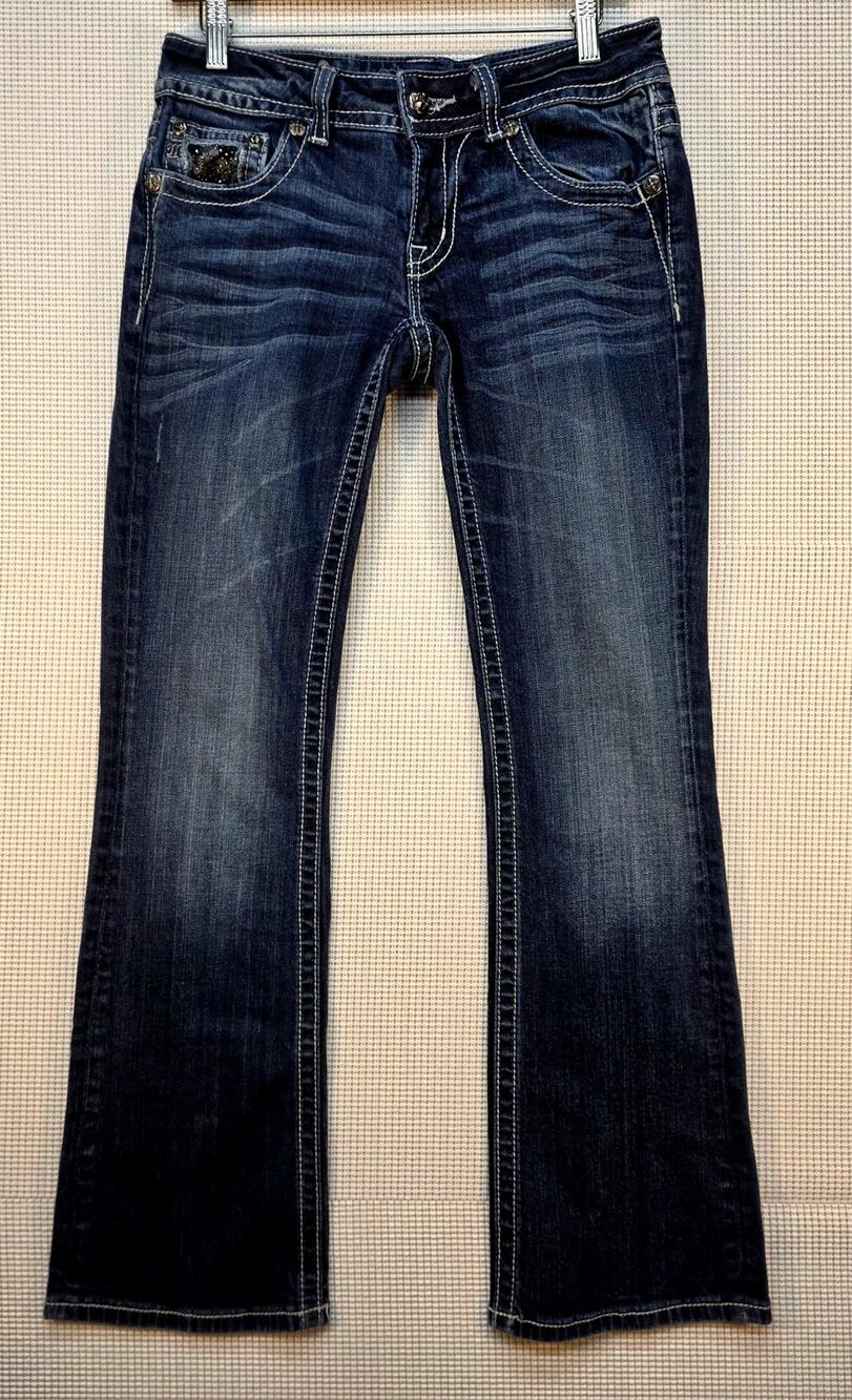 Miss Me Easy Boot Cut Jeans Dark Wash Lace Sequins Studded Y2K Embellished Glam
